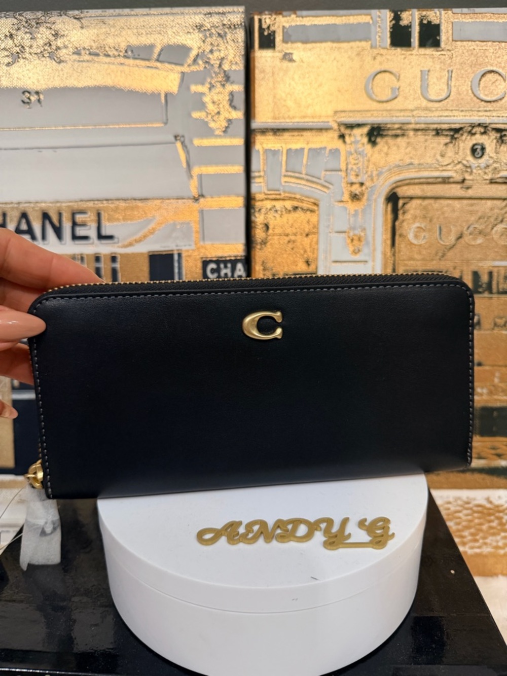 Coach Black Leather Zip Wallet with Gold 'C' Logo